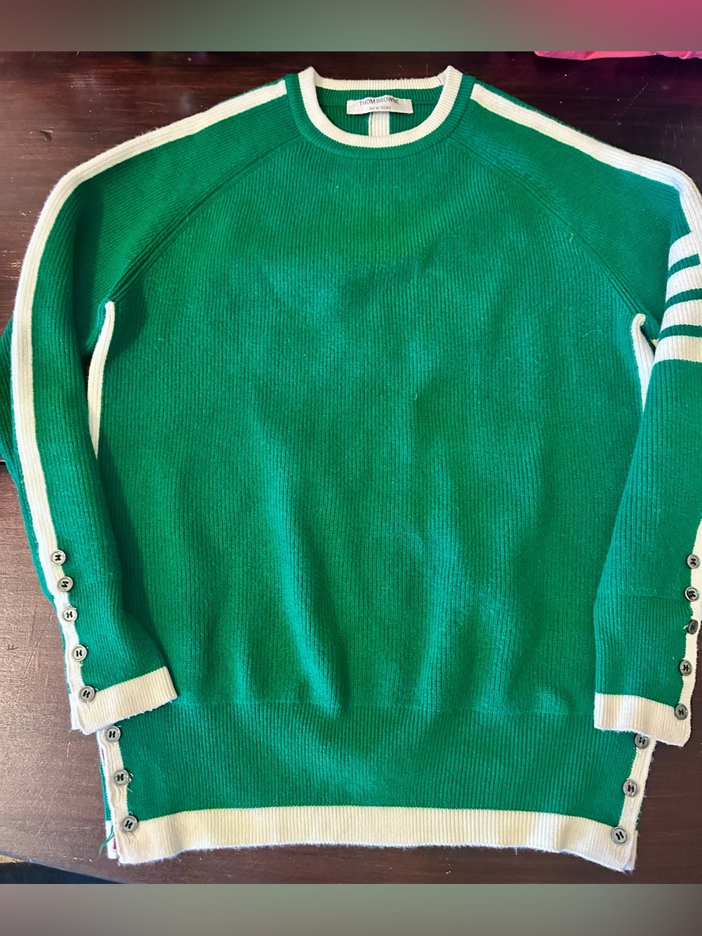 Thom Browne Emerald Green Crewneck Sweater with Ivory Trim